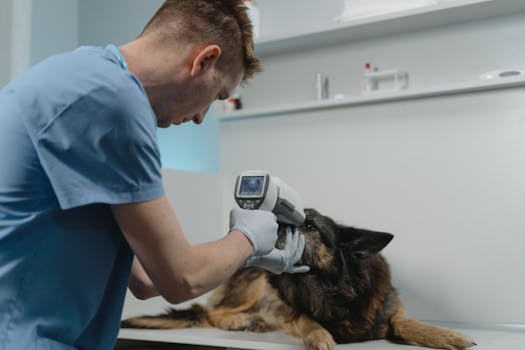 A veterinarian examines a German Shepherd using a diagnostic tool in a clinic setting, highlighting pet healthcare.